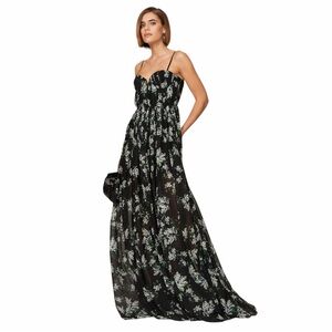 Sau Lee Black Georgina Floral Pleated Maxi Gown Womans 14